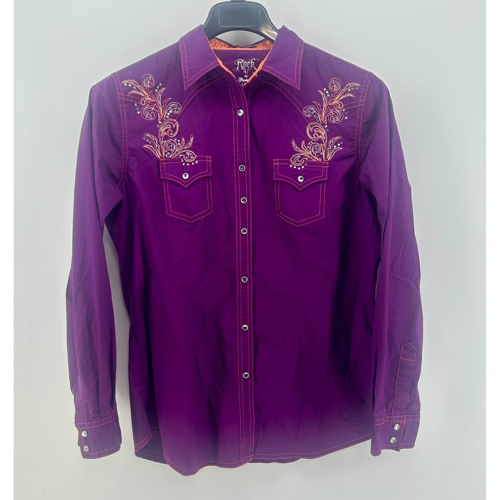 Wrangler Rock 47 Shirt Women Large Purple Floral Embroidered Slim Fit Modern - Picture 2 of 8